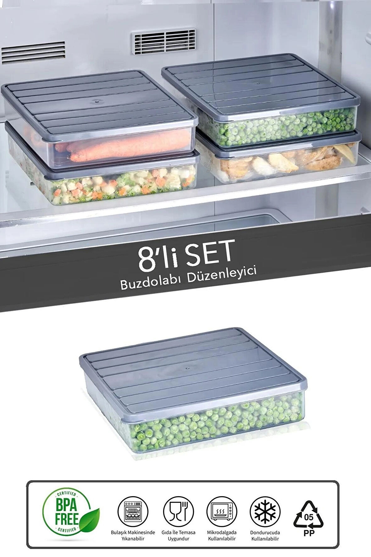 8 Adet Buzdolabı Düzenleyici - Difriz Saklama Kabı Seti - Mikrodalga Uyumlu Organizer 8x2500 ml