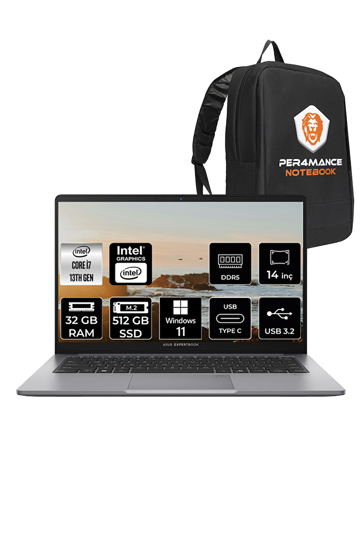 Asus ExpertBook P1 Intel Core i7 13620H 32GB 512GB SSD 14" FHD W11P Taşınabilir Bilgisayar & PER4 Çanta