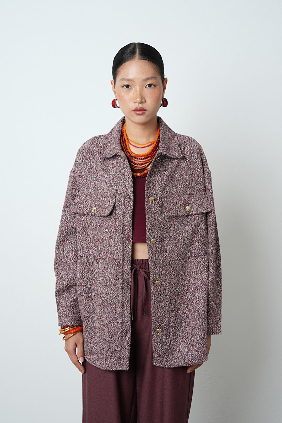 Kadın Çift Cepli Kırçıllı Altın Düğmeli Kışlık Ceket