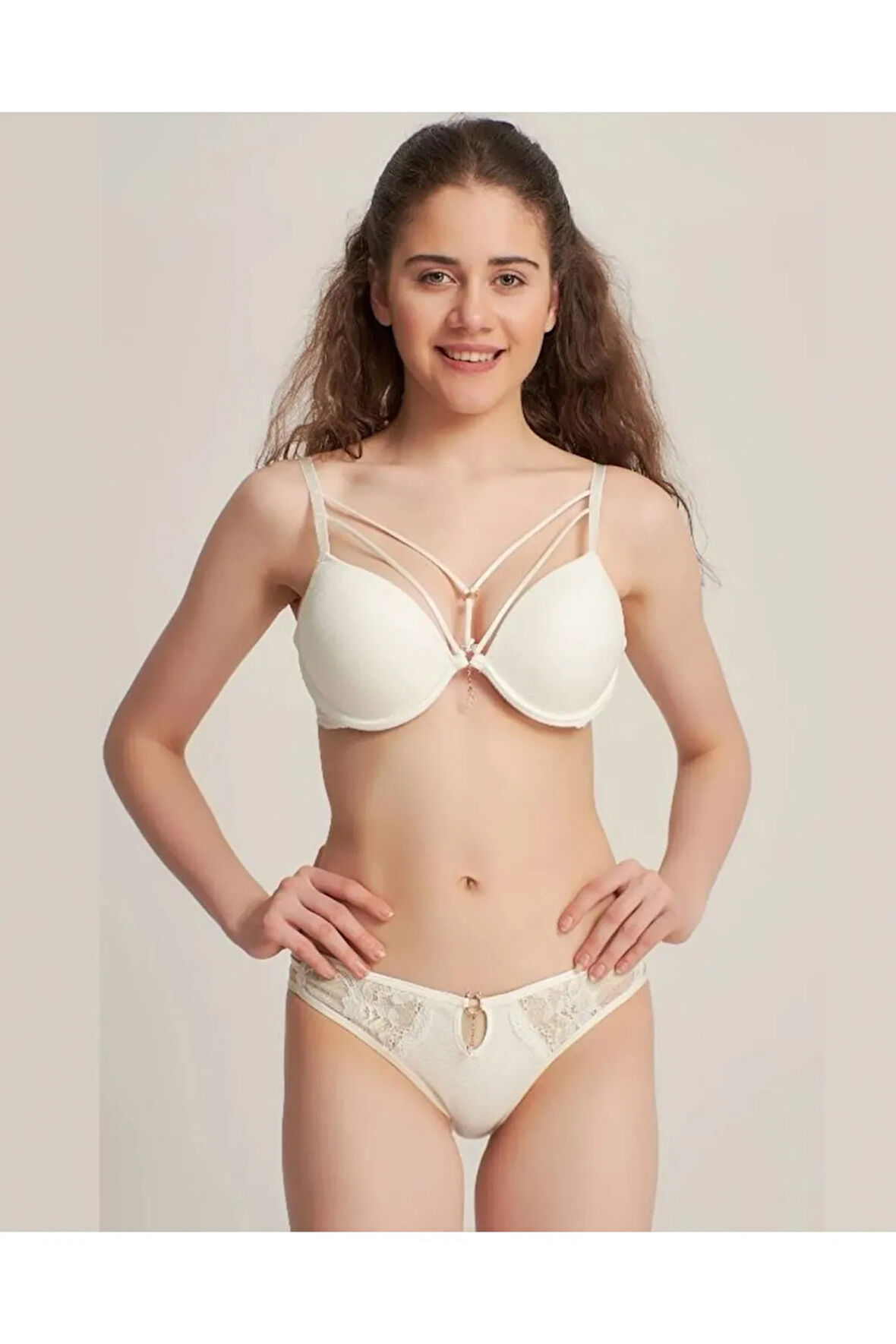 5020 Ekru Silikonlu Taşlı Simli Sütyen Takım