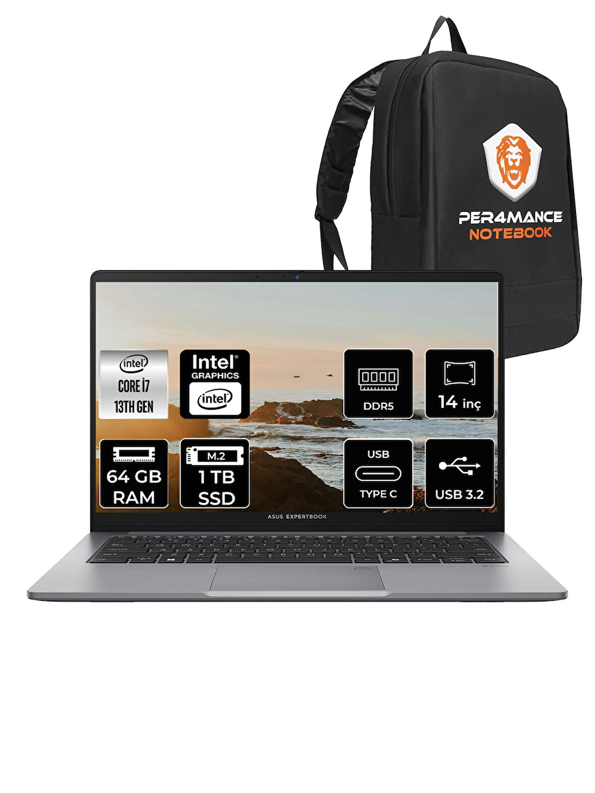 Asus ExpertBook P1 Intel Core i7 13620H 64GB 1TB SSD 14" FHD FDOS Taşınabilir Bilgisayar & PER4 Çanta