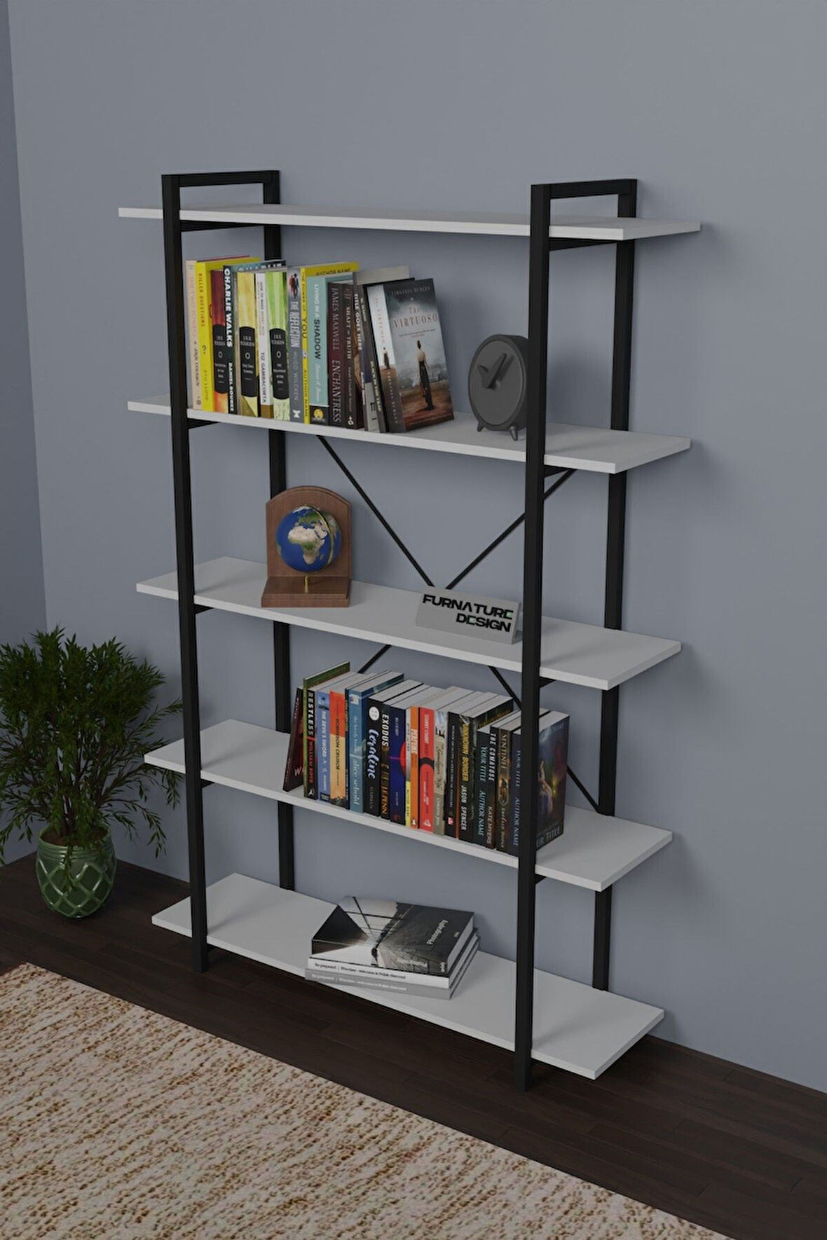 Metal Kitaplık Dekoratif Raf Taşan Kitaplık 180 Cm