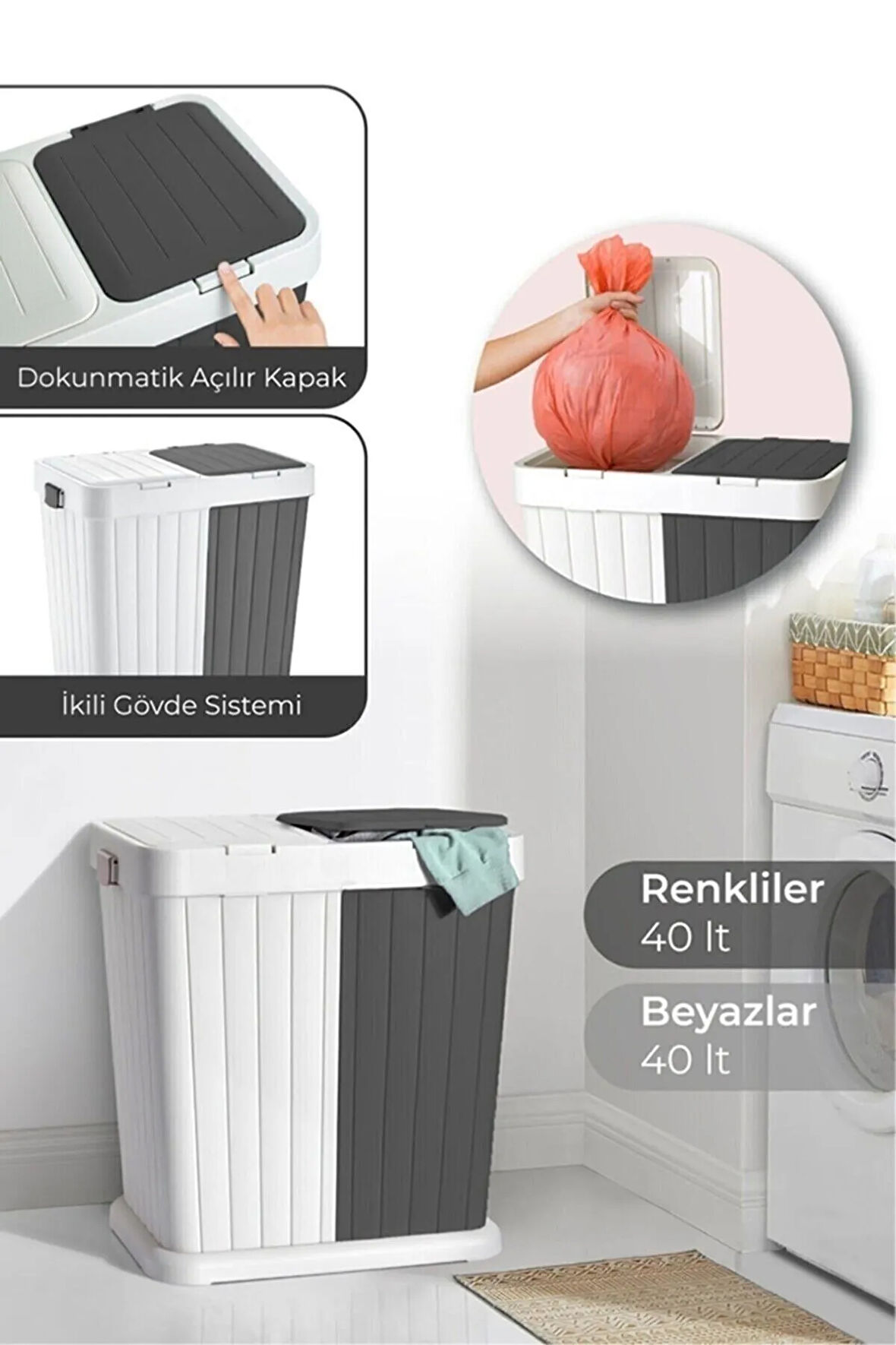 Mega Twins İki Bölmeli Kirli Çamaşır Sepeti - Banyo Çamaşır Sepeti Renkliler & Beyazlar 80 Lt