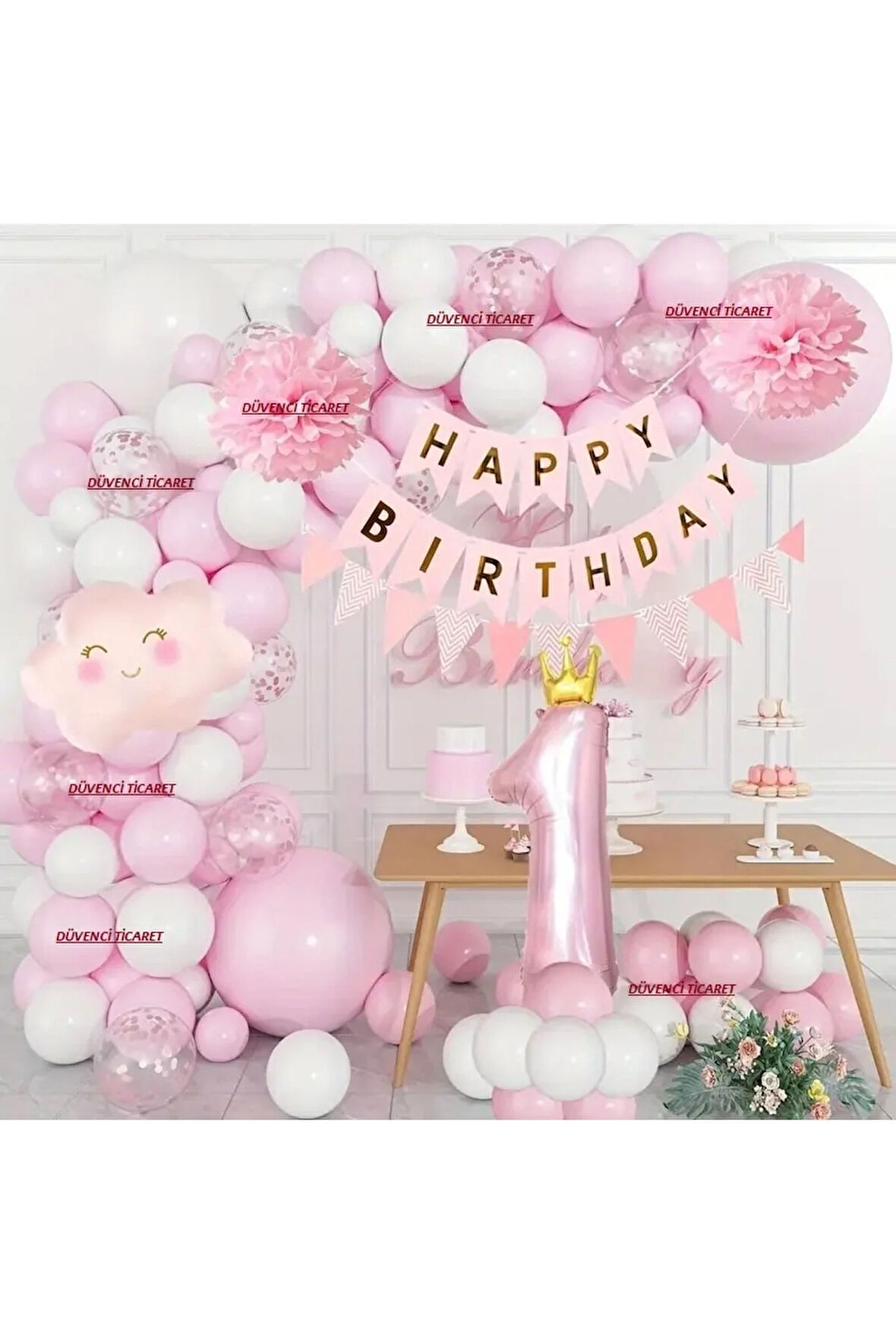 PEMBE BULUT FOLYOLU 1 YAŞ BALON ZİNCİR SET
