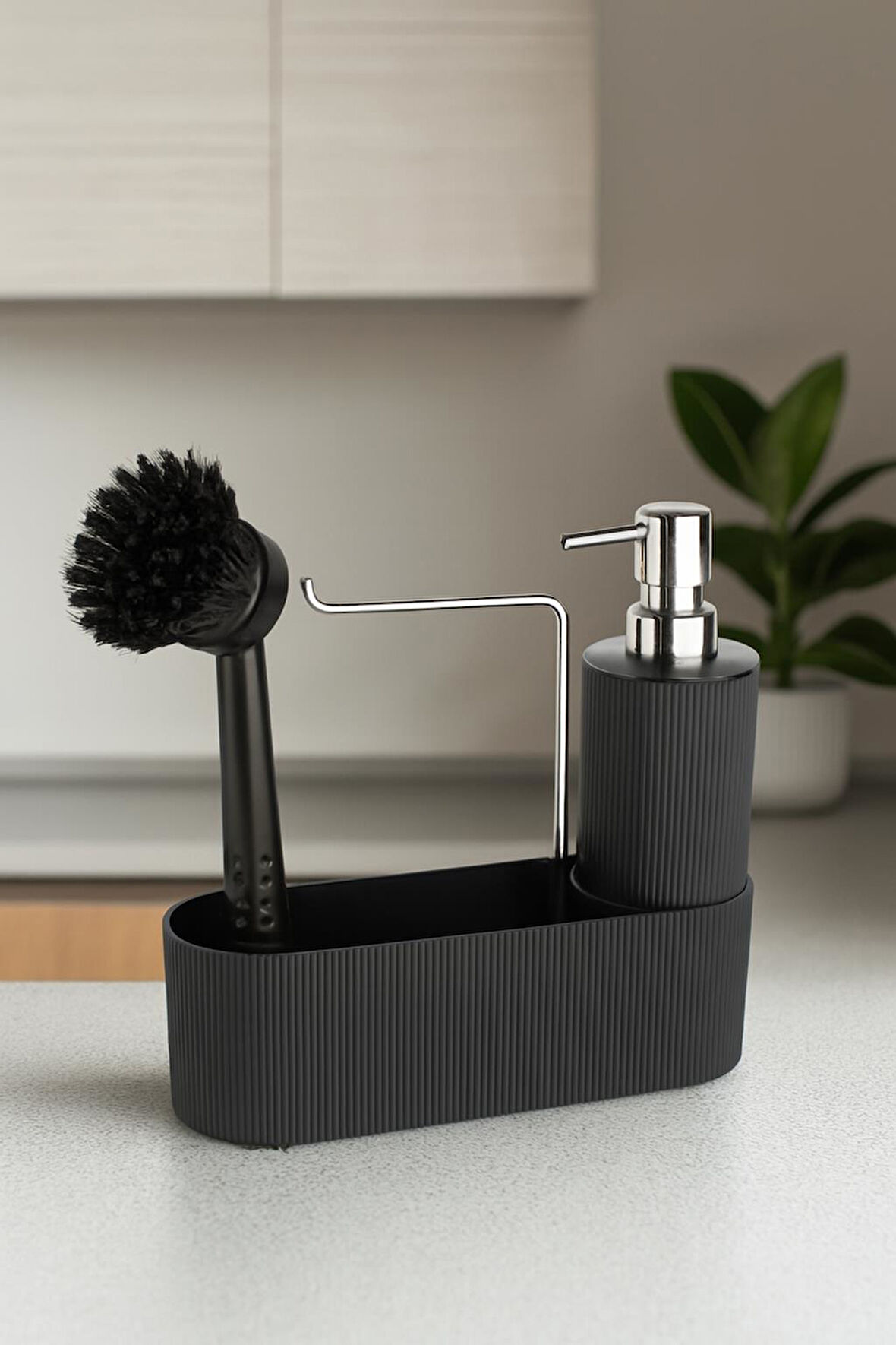 Siyah Çok Amaçlı Sabunluk Mutfak Lavabo Düzenleyici Set-Plastik Çizgili Sabunluk