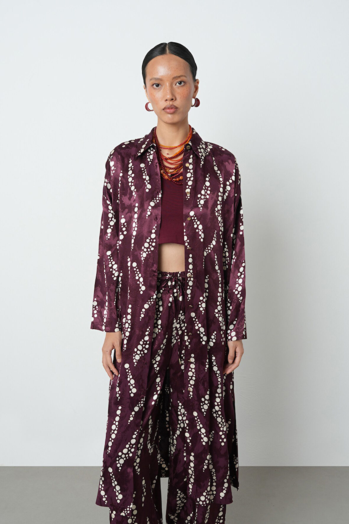 Kadın Bordo Renk Desenli Uzun Tunik Tesettür Gömlek - Elbise