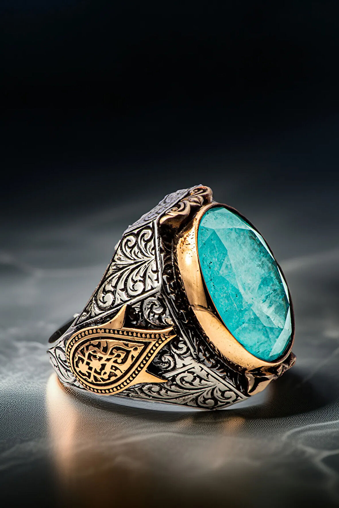 Erkek Turkuaz Zirkon Taşlı Yanı Lale Motifli 925 Ayar Gümüş Yüzük