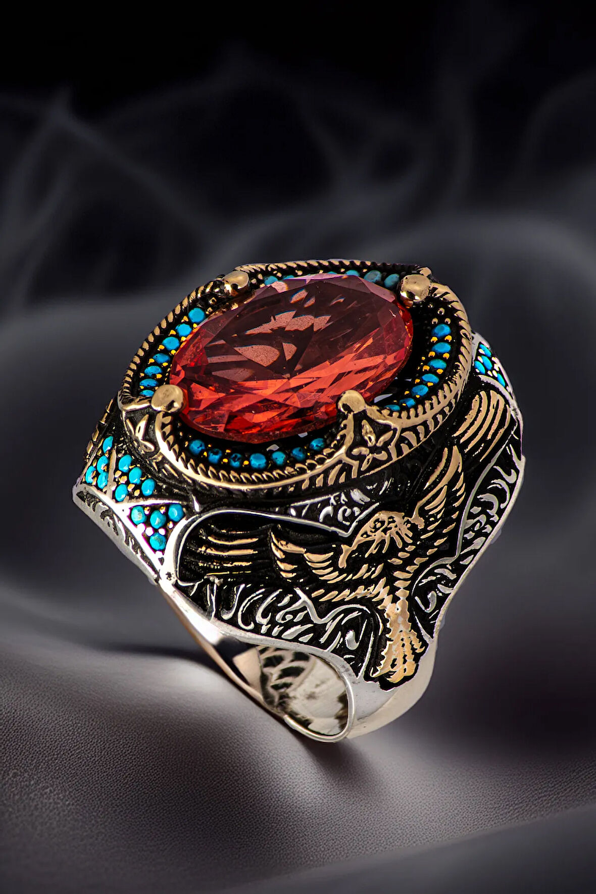 Erkek Zultanit Taşı Yanı Kartal İşlemeli Turkuaz Zirkon Taşlı Süslemeli 925 Ayar Gümüş Yüzük