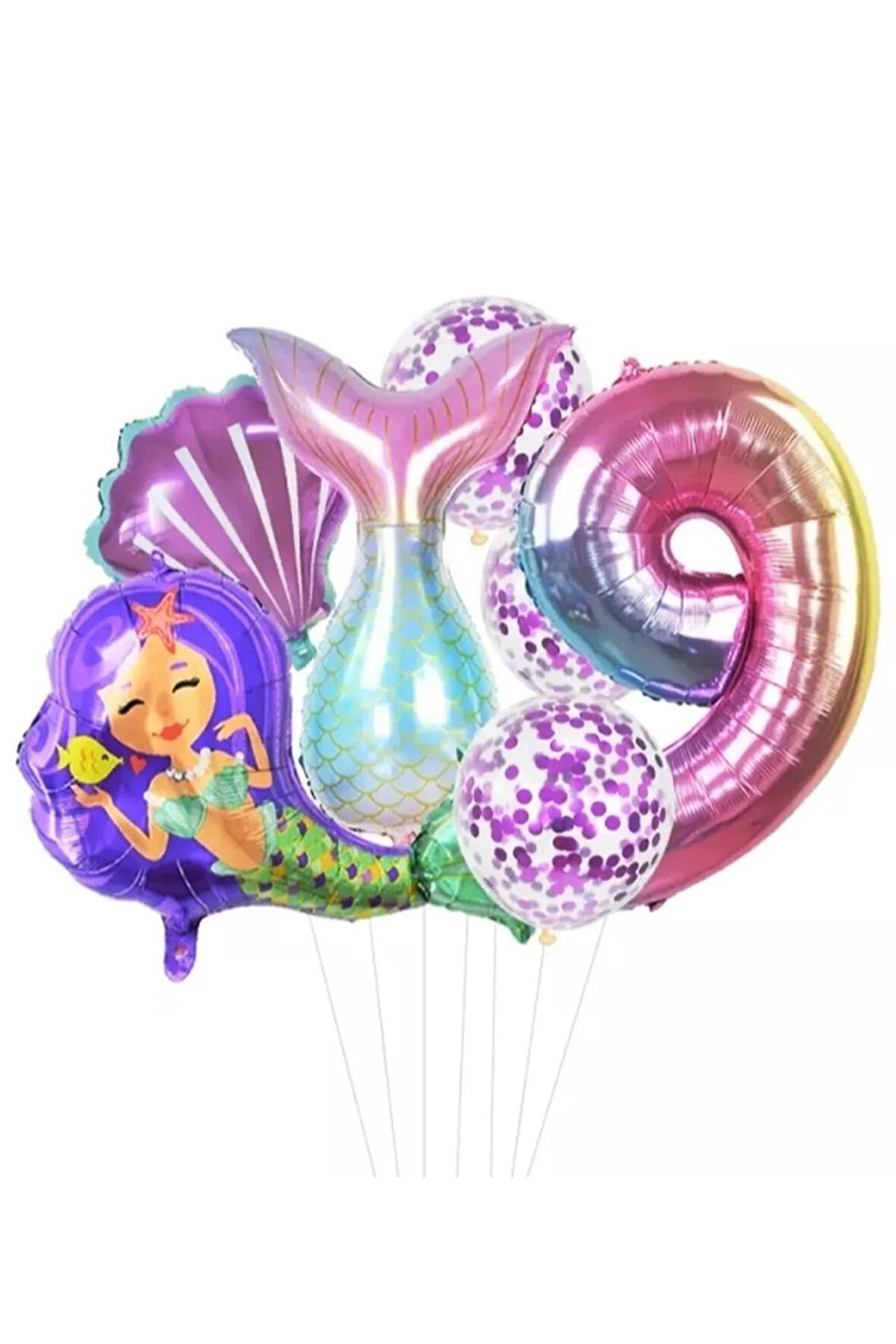 Deniz Kızı Kuyruğu Deniz Kabuğu Gökkuşağı Rakam Balon Pullu Şeffaf Balonlu Deniz Kızı Konsepti