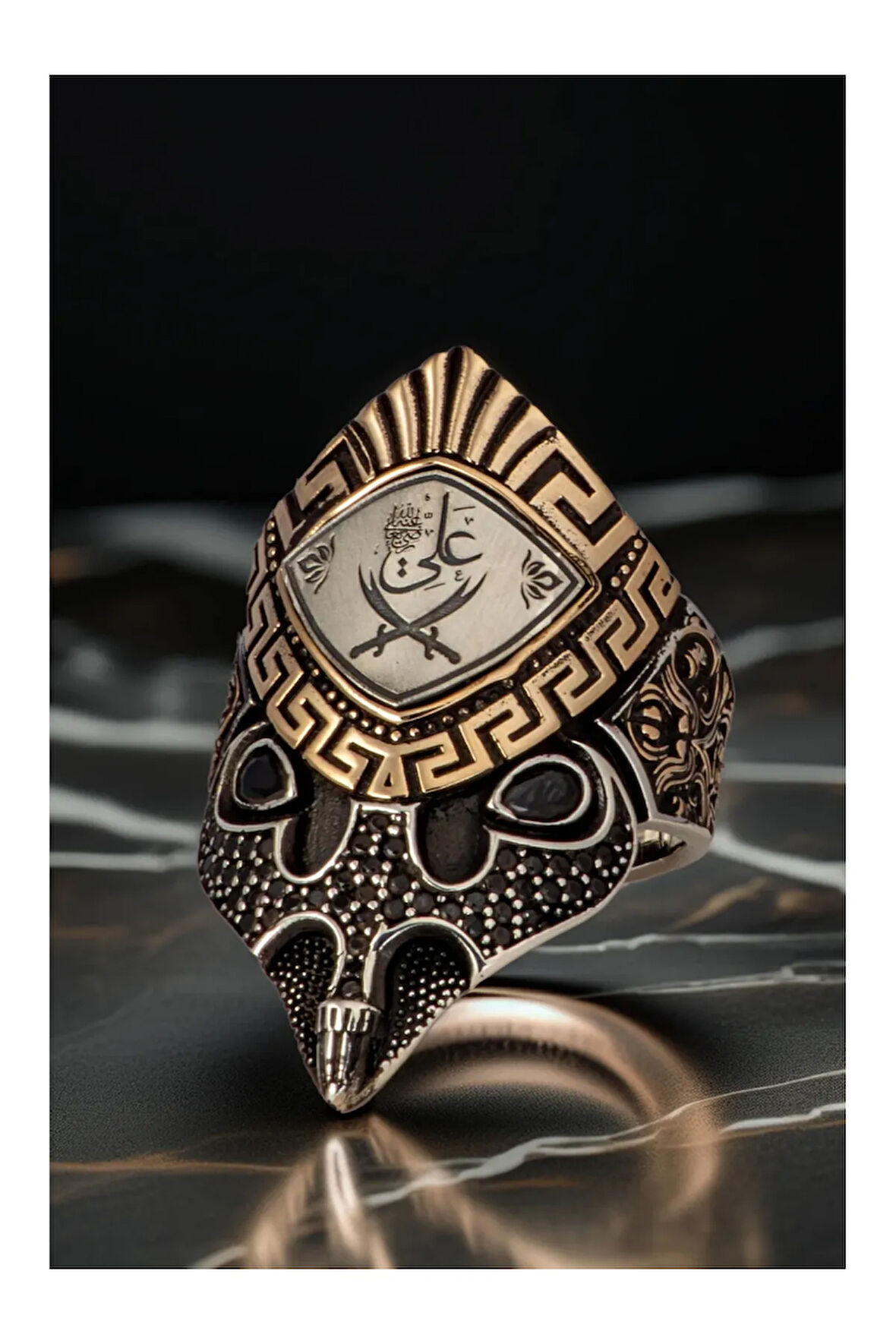 Erkek Çift Başlı Zülfikar İşlemeli Siyah Zirkon Taşlı 925 Ayar Gümüş Yüzük Zihgir Model