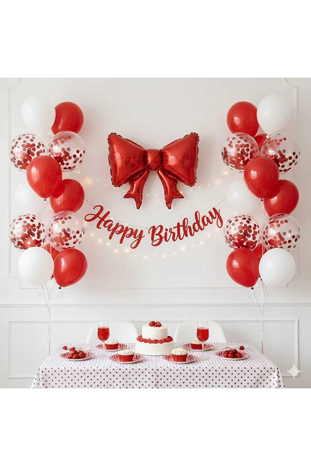 kırmızı fiyonk folyo balonlu doğum günü balon set