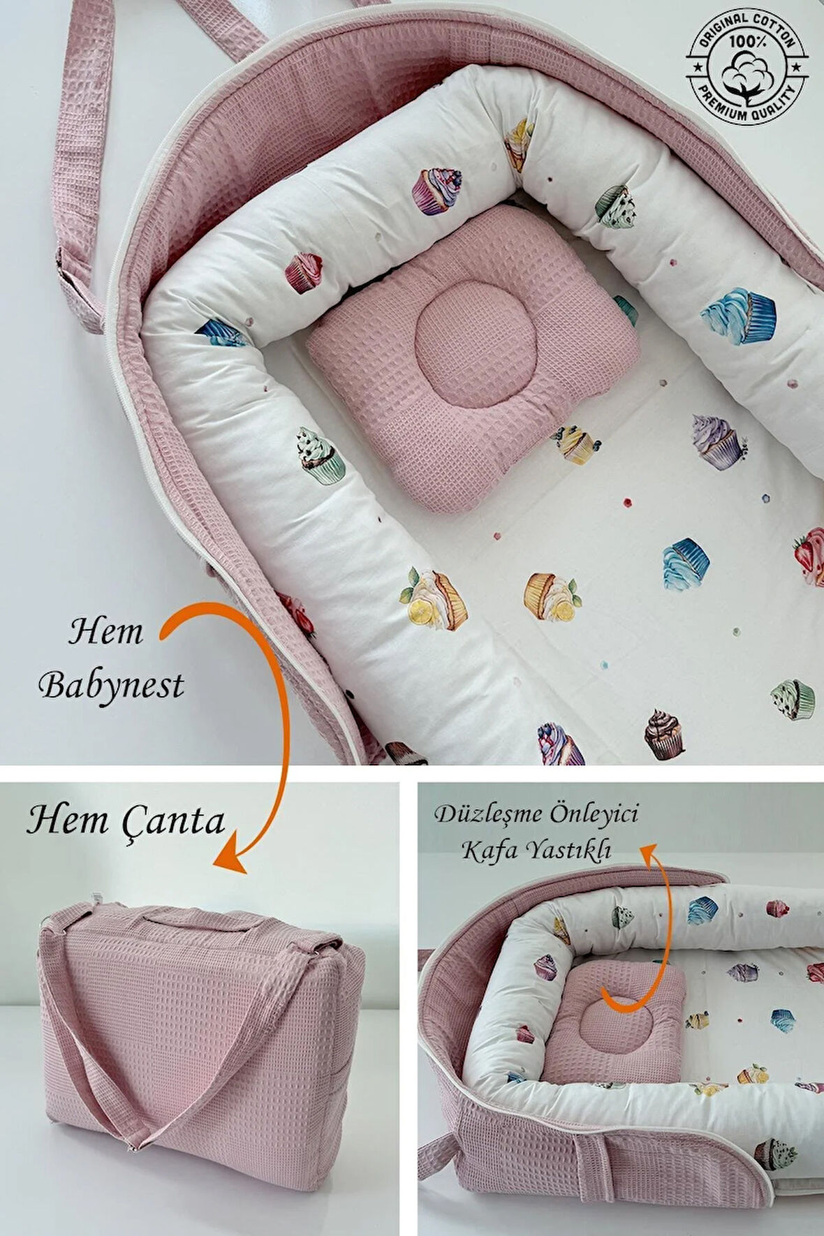 Cup Cake Çantalı Babynest Taşınabilir Anne Yanı Babynest