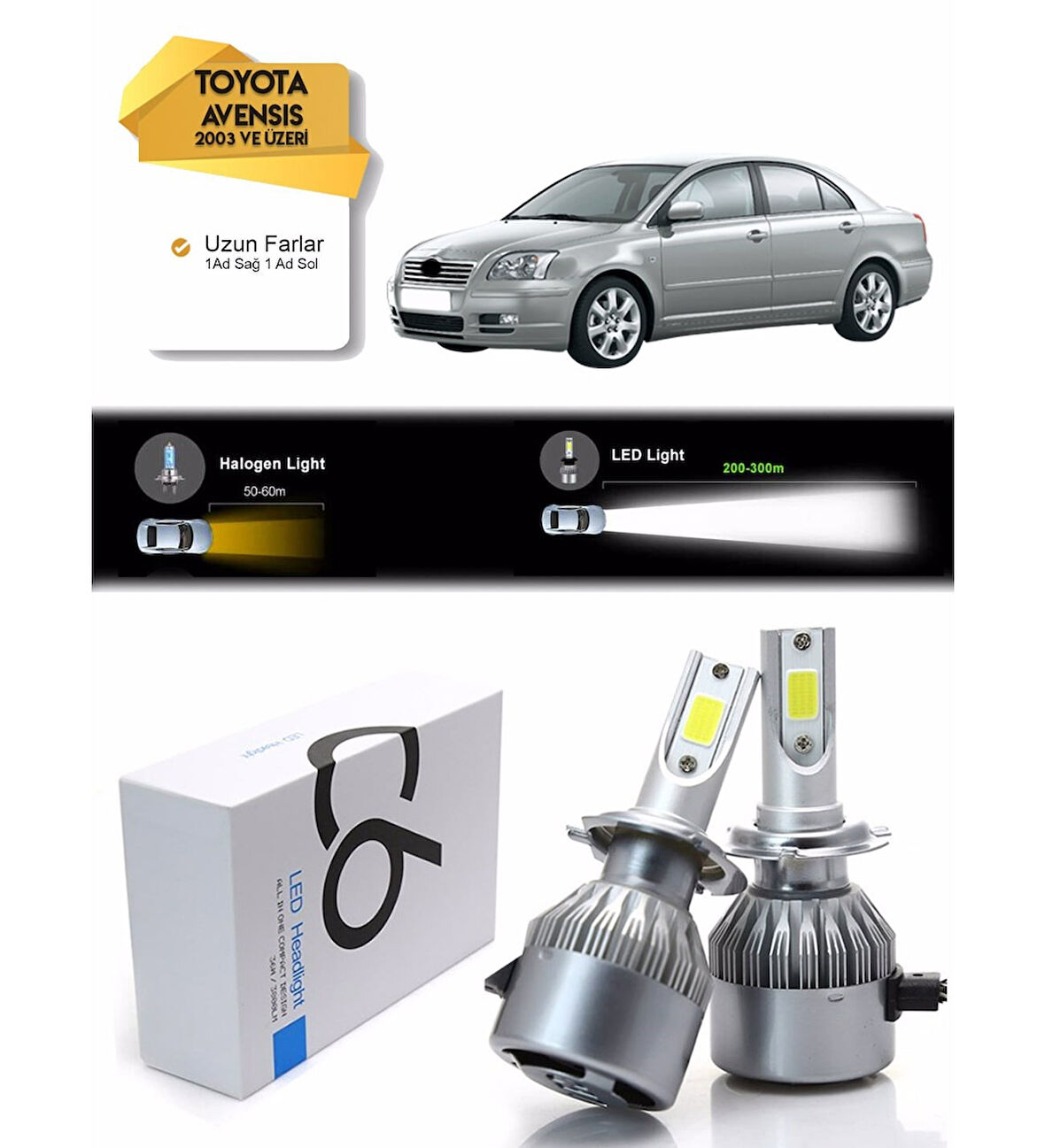 Toyota Avensis Uzun Far Led Xenon Şimşek Etkili 2003 ve Üzeri