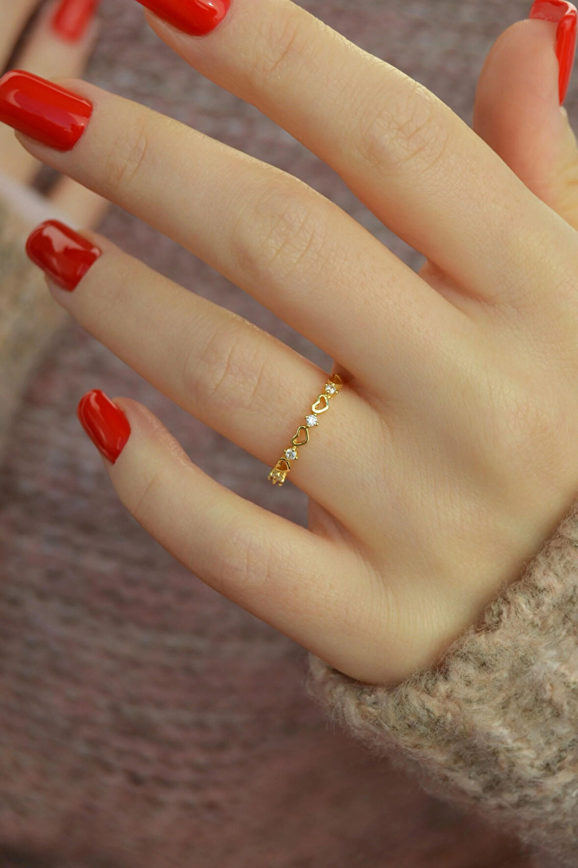 İnce Sıralı Kalpli Yüzük Ayarlanabilir Eklem Yüzüğü İnce Yüzük