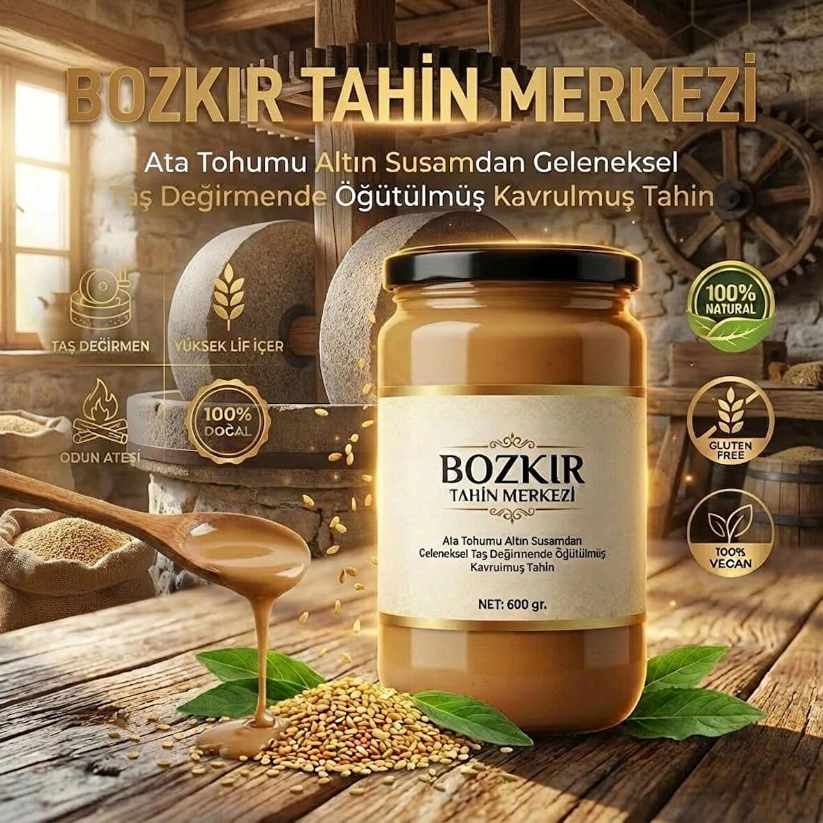 Bozkır Tahin Merkezi Yerli Ata Tohumu Altın Susam Su Değirmeni Tahini Kavrulmuş 600 gr (vegan)