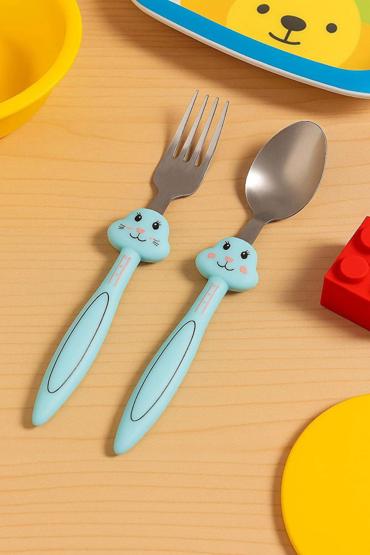 Pembe Tavşan Figürlü Çocuk Çatal Kaşık Seti