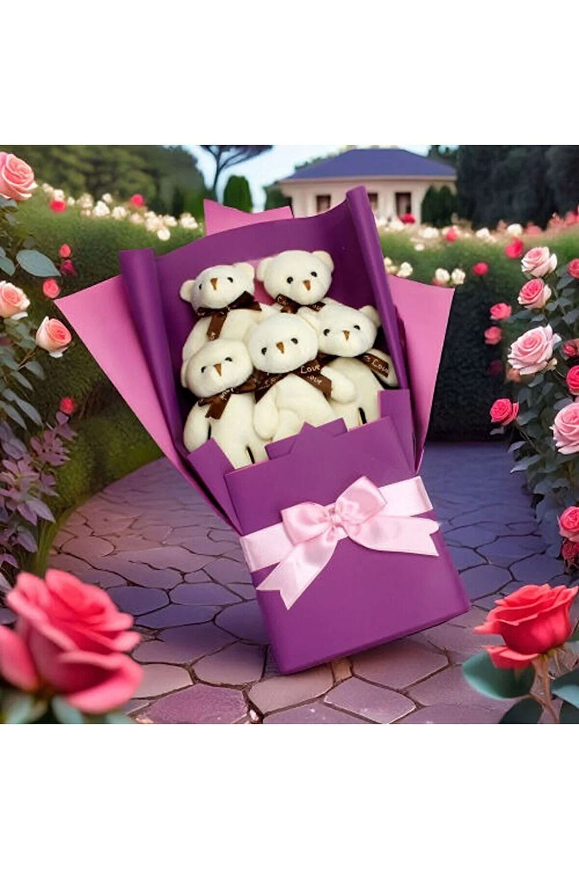 Krem Fiyonklu Ayıcık Buketi Mor