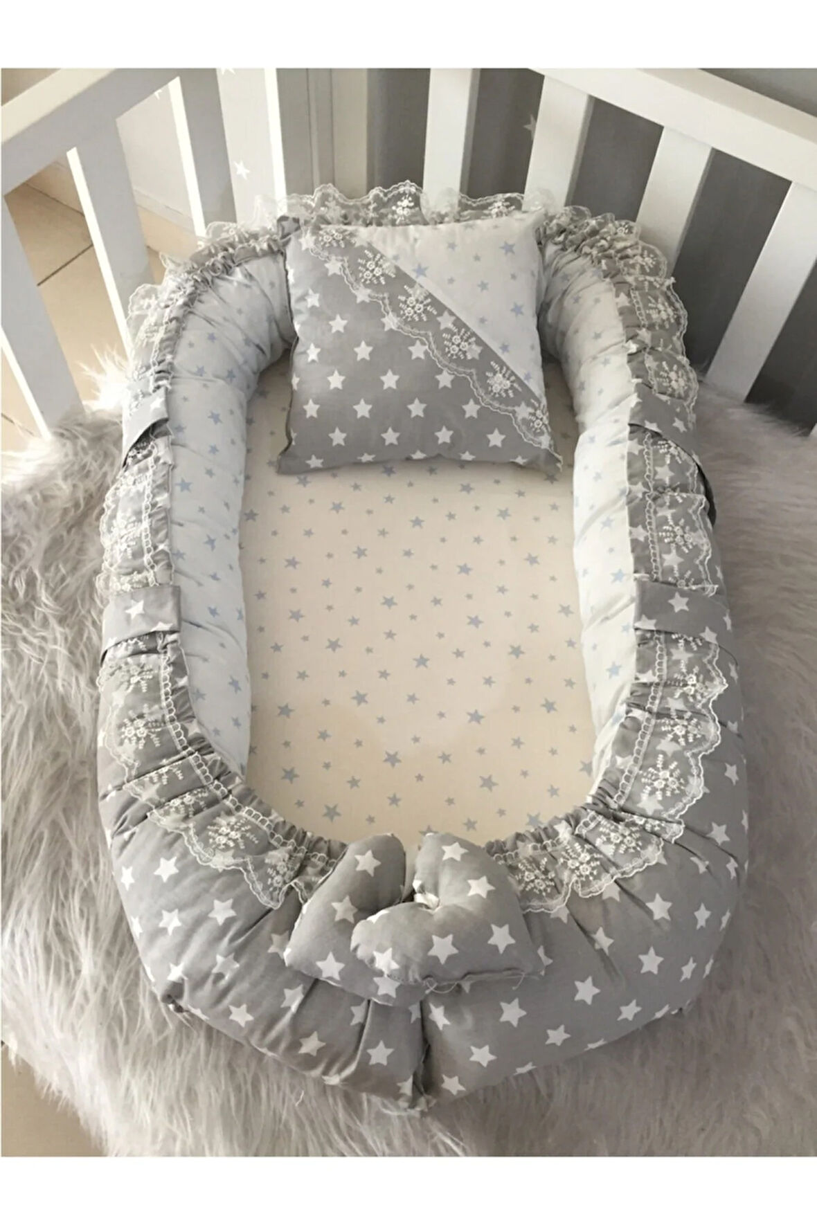 Gri Yıldızlı Lüx Tasarım Babynest Anne Yanı Baby Nest Ve Yastık Jaju-Babynest