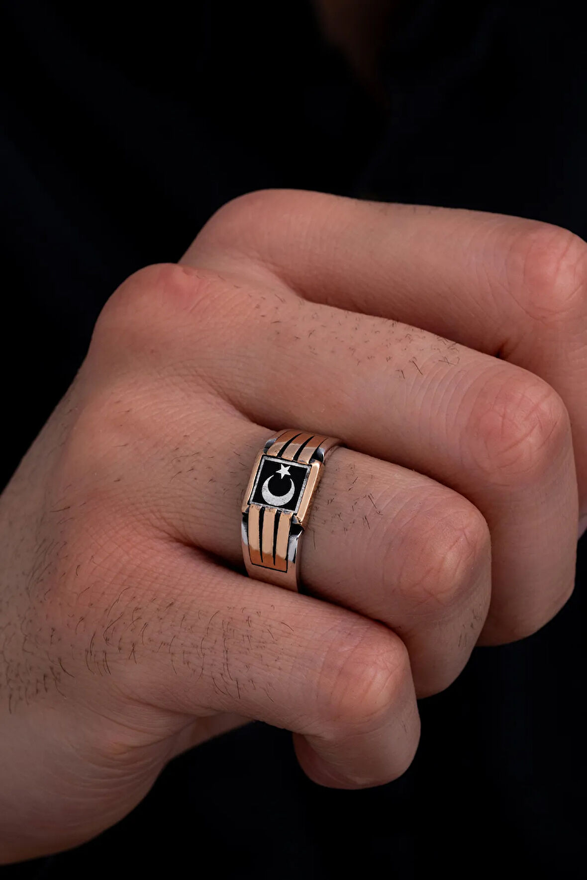 Erkek Gümüş Yüzük - Ay Yıldız Bayrak Model İnce Kibar Erkek Yüzüğü