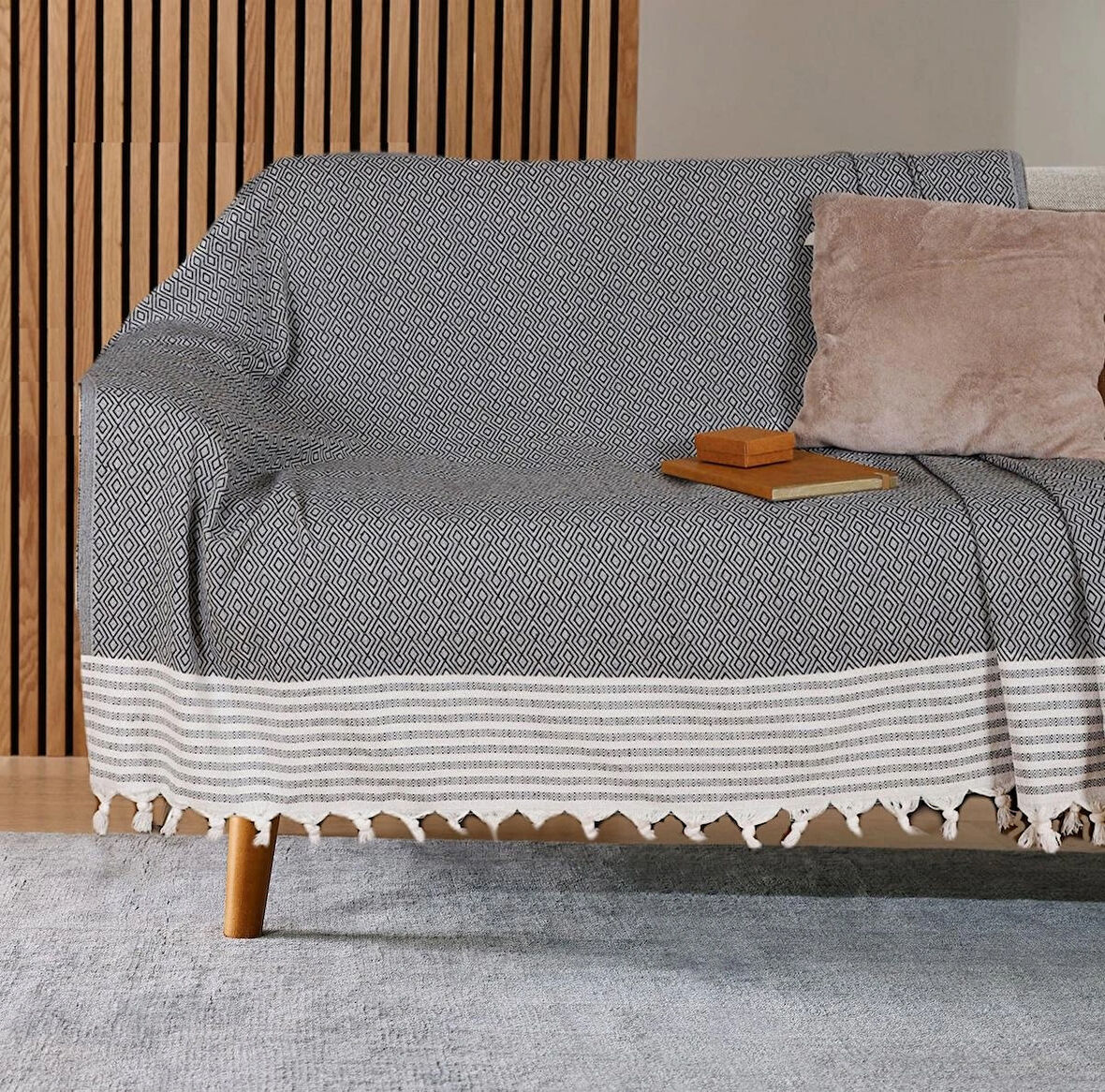 Buldan İşi Kaymaz Pamuklu Koltuk Örtüsü 170x210 Cm Koltuk Şalı Çekyat Kanepe Örtüsü - Antrasit 