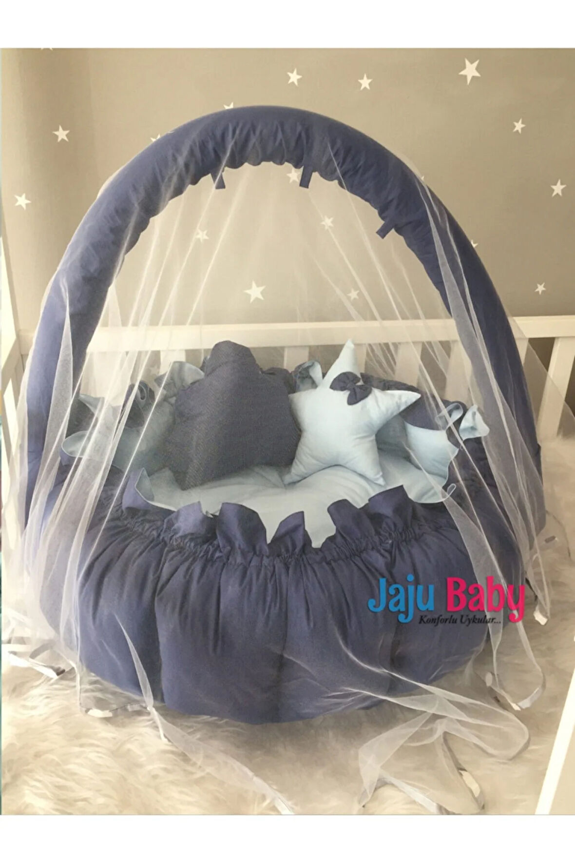 Lacivert - Mavi Tasarım Lüx Babynest Oyun Minderi Cibinlik Tül Oyuncak Aparat Set