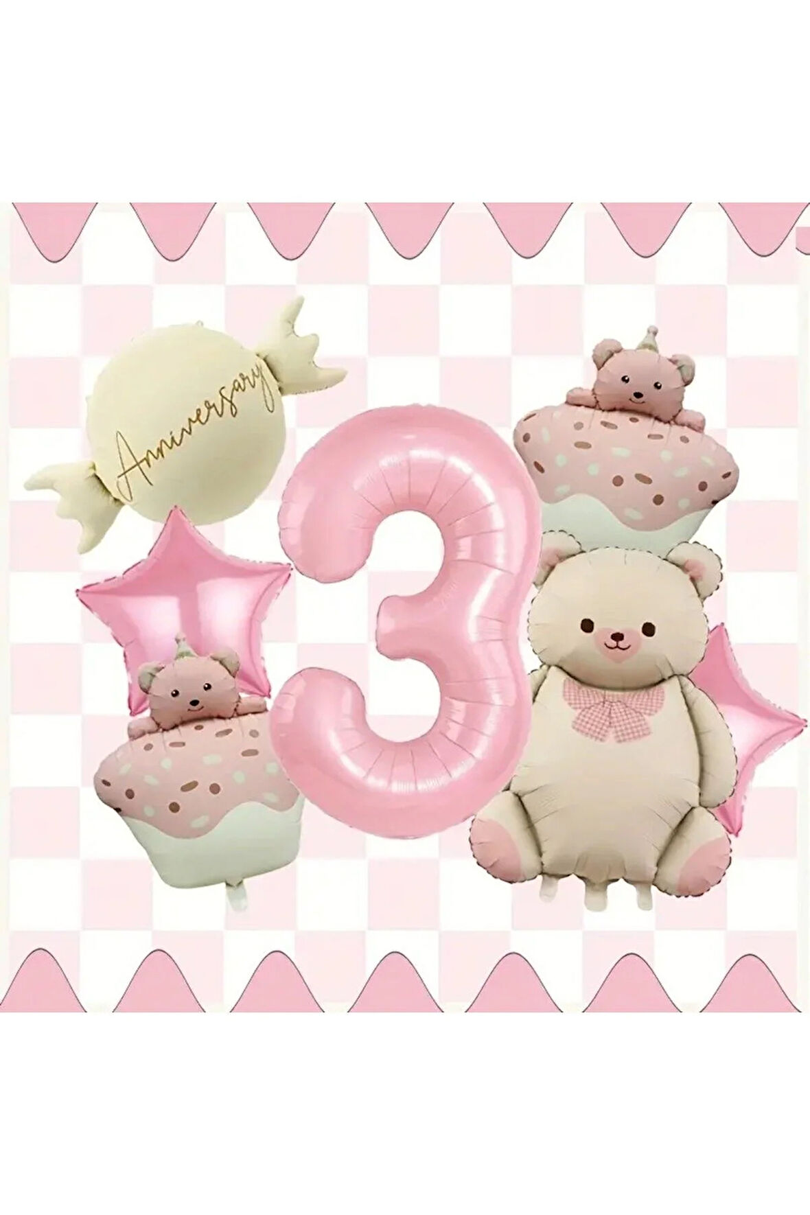 Küçük Ayı Pasta Folyo Balon Seti - Pembe Sevimli Ayı, Pasta Ayısı, Şeker Yıldız Balon yaş set