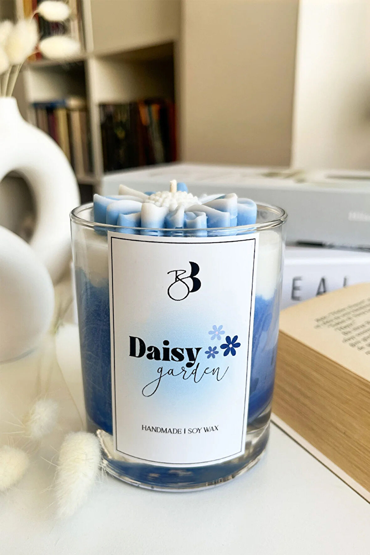 Papatya Kokulu %100 Doğal El Yapımı Mavi Dekorasyon Soya Mumu