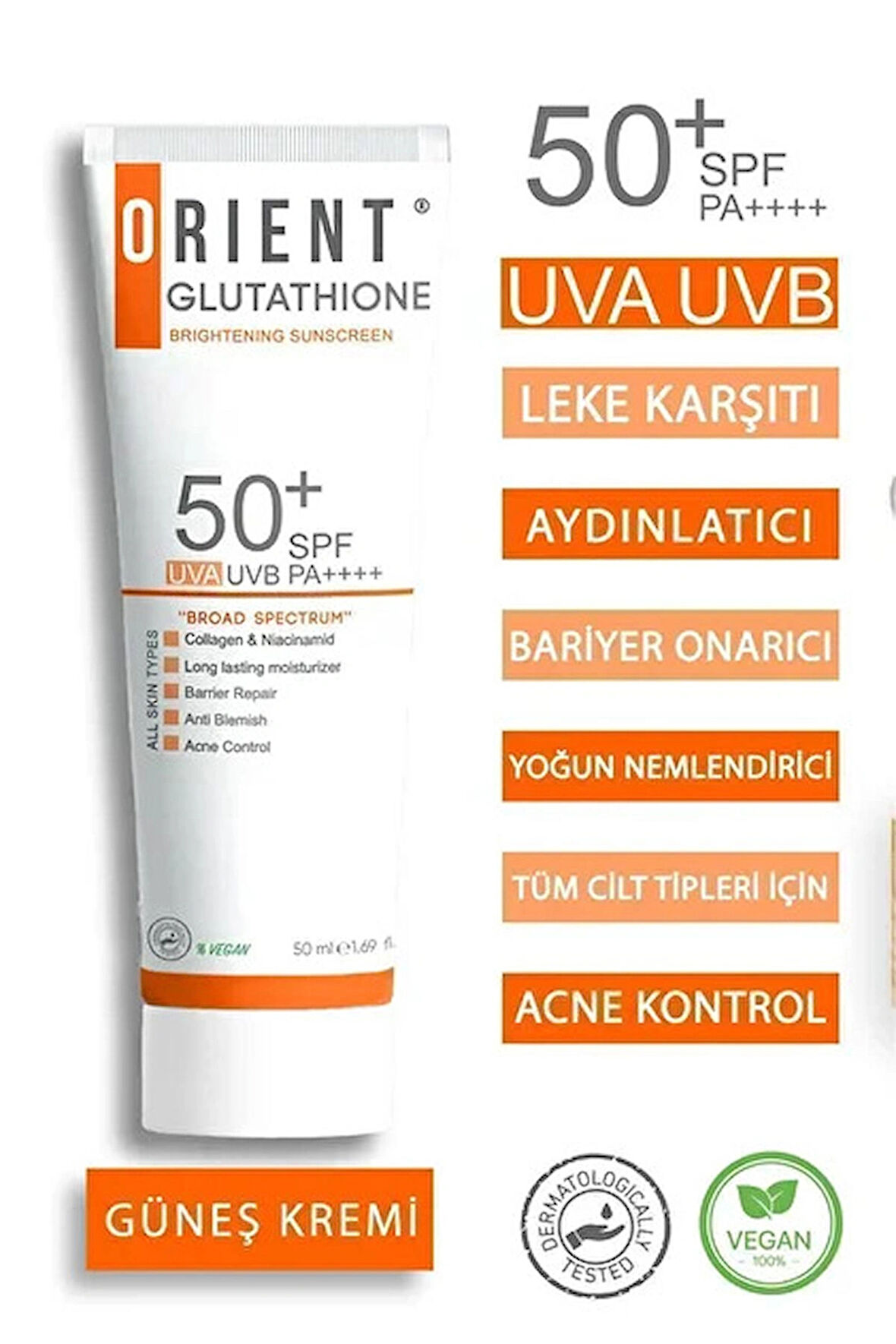 Orient Glutatyonlu ve Kolajenli Yüksek Koruyuculu Leke Önleyici Spf 50 Güneş Kremi Vegan
