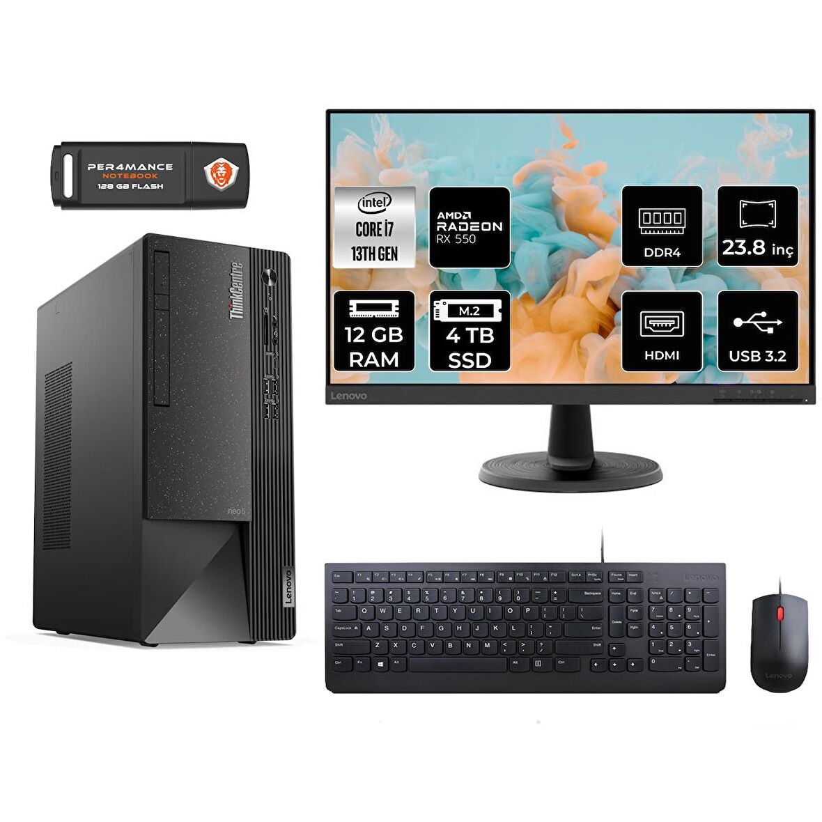 Lenovo ThinkCentre Neo 50T i7 13700 12GB 4TB SSD RX550/4GB FDOS 12JD0008TR MASAÜSTÜ PC & 23.8" MONİTÖR