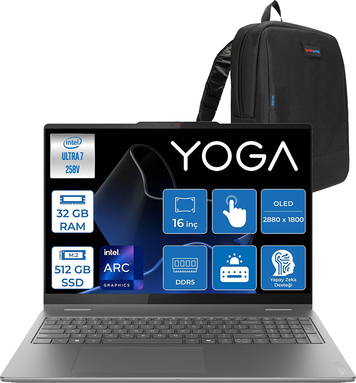 Lenovo Yoga 7 2-In-1 16ILL10 Intel Core Ultra 7 258V 32GB 512GB SSD Freedos Intel Arc 140V OLED 500NITS 16" Wqxga+ (2880X1800) 120HZ Dokunmatik Y83JT0018TRF01 + Lenovo Yoga Kalem + Zetta Çanta