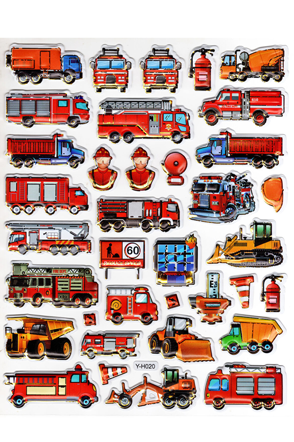Sticker Kabartmalı Yaldızlı Stiker Çıkartma Etiket (YH020)-19x23 cm- itfaiye Arabası Dozer