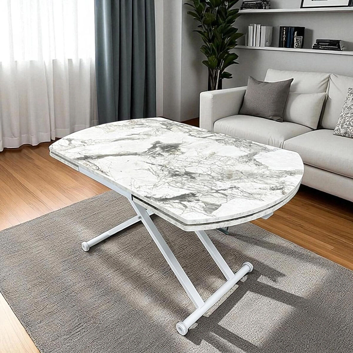 Oval Yan Baştan Açılır Akıllı Masa Üst Mdf Beyaz Mermer  Alt Ayak Beyaz Renk