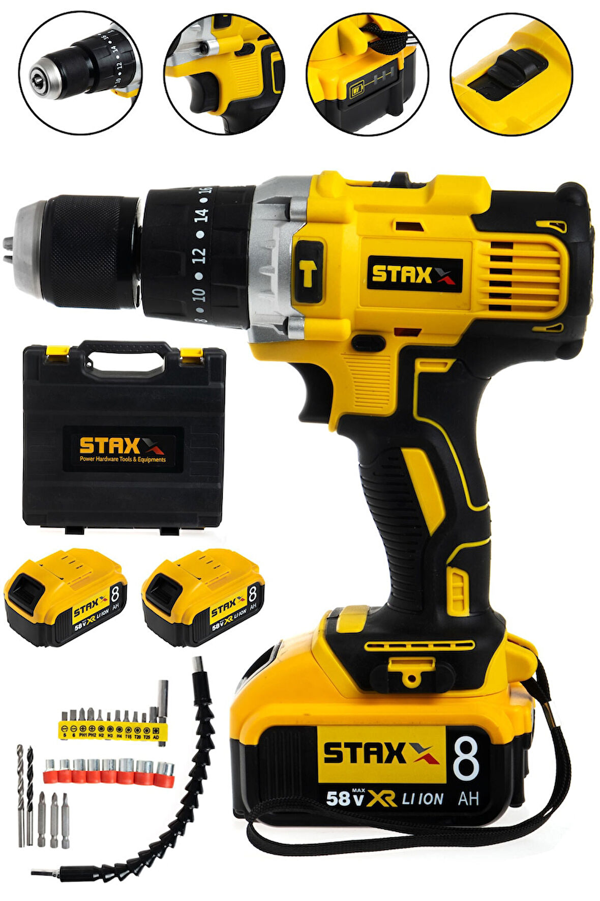 58 V 8 Ah Çift Metal Şanzuman Çift Samsung Akülü Darbeli Şarjlı Matkap Vidalama +24 Parça Set