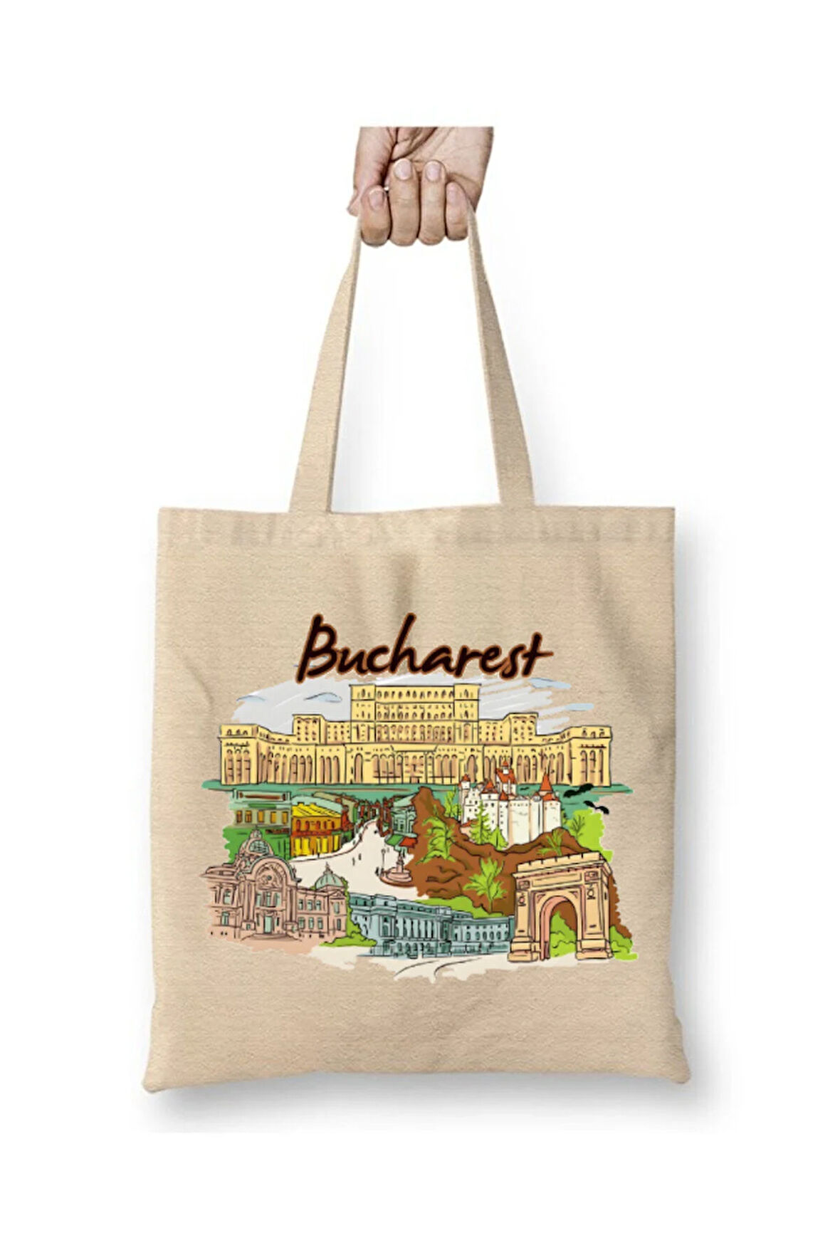 Bucharest Bükreş Romanya Beyaz Bez Çanta Uzun Saplı Alışveriş Çantası Plaj Çantası