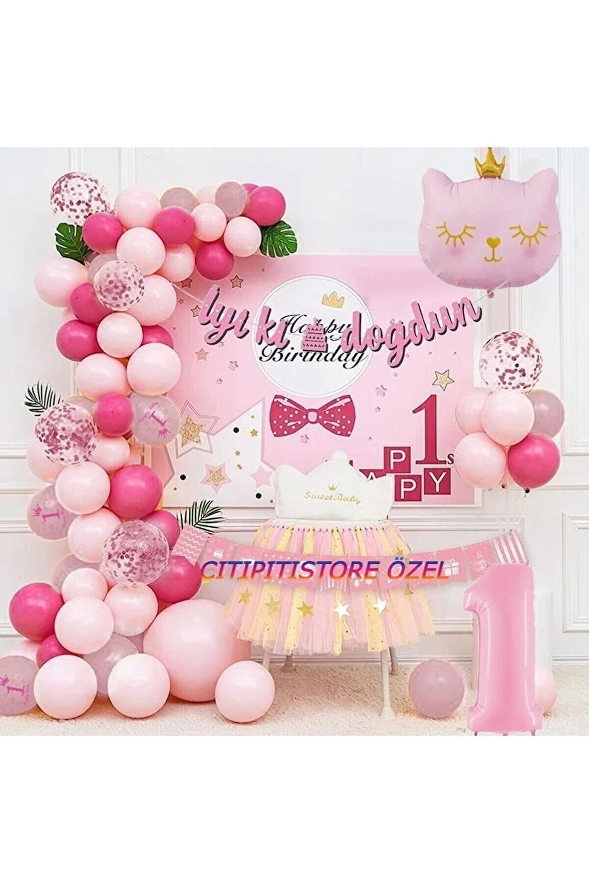 PEMBE KIZ ÇOCUKLARINA ÖZEL KEDİ FOLYOLU BALON ZİNCİR SET