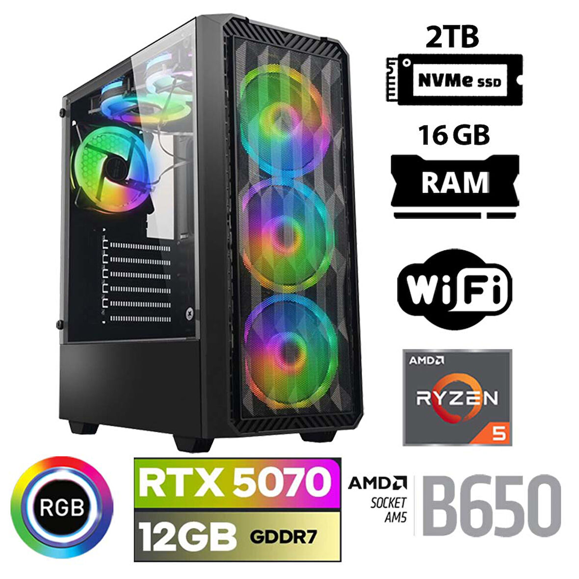 Xaser Thunder x30 Ryzen 5 7500F 16GB DDR5 Ram 2TB M.2 NVMe SSD 12GB RTX5070 Masaüstü Oyuncu Bilgisayarı