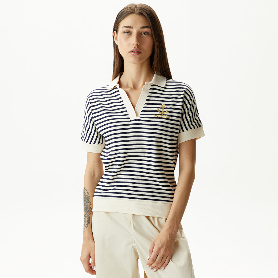 Nautica Kadın Lacivert Slim Fit Çizgili Polo Yaka T-Shirt