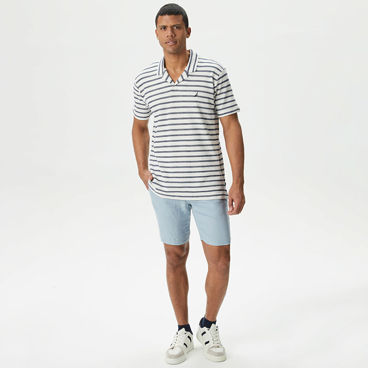 Nautica Erkek Mavi Slim Fit Keten Şort