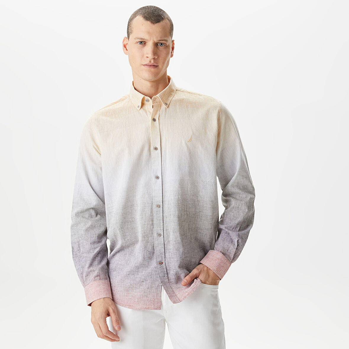 Nautica Erkek Bej Classic Fit Uzun Kollu Renk Bloklu Gömlek