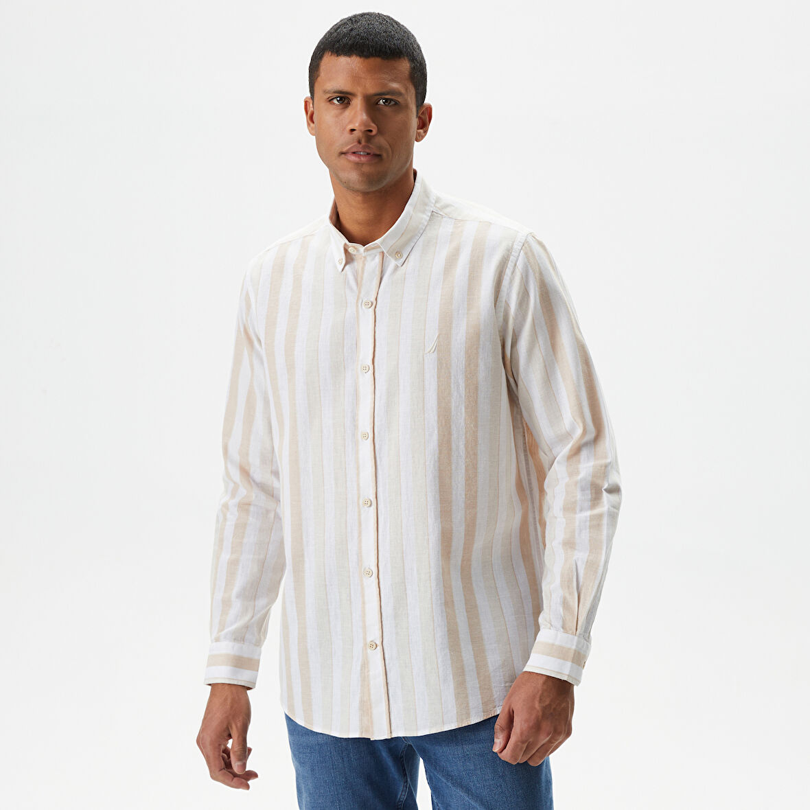 Nautica Erkek Kırık Beyaz Classic Fit Uzun Kollu Çizgili Keten Gömlek