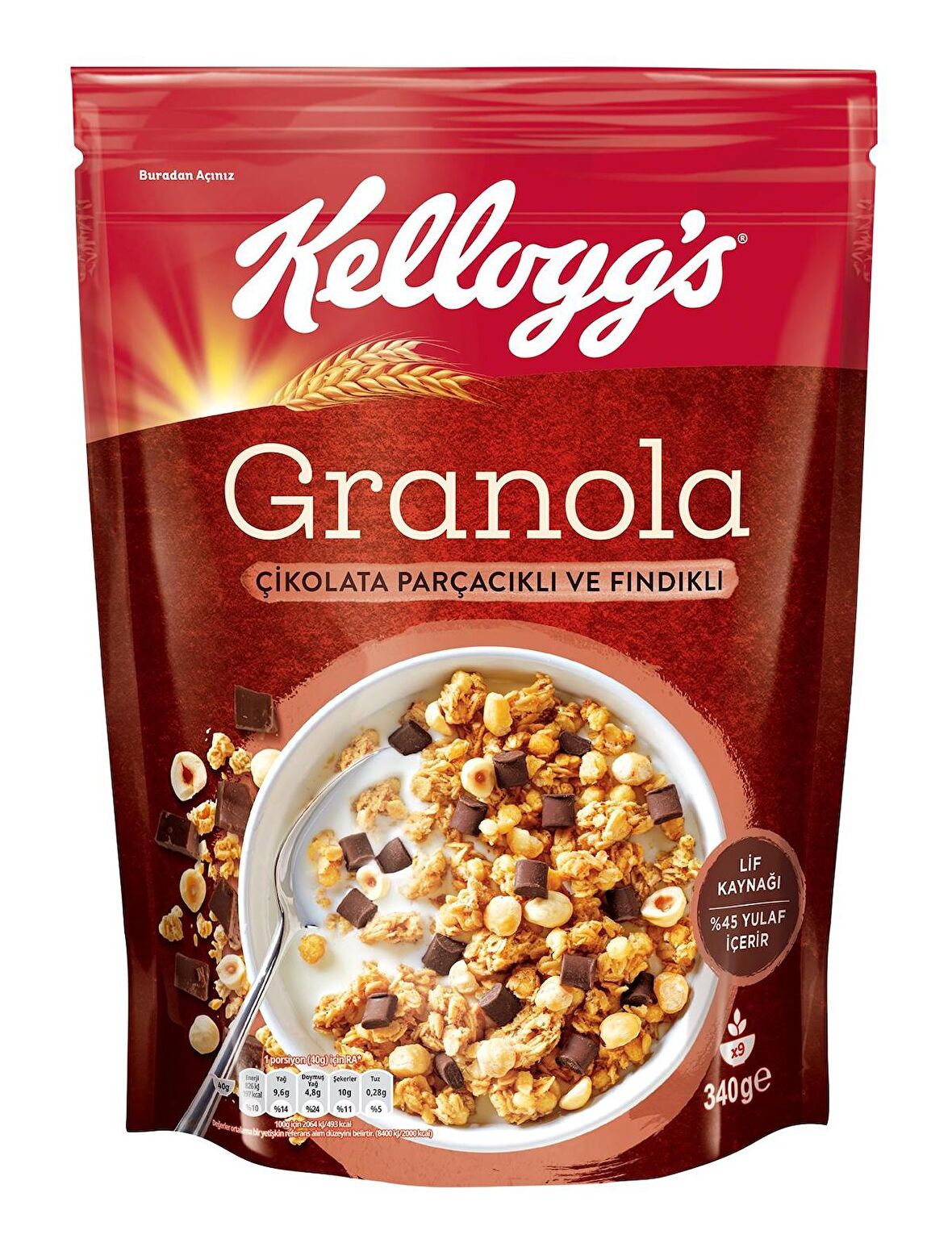 Kellogg's Çikolata Parçacıklı ve Fındıklı Granola 340 Gr,%44 Yulaf,Lif Kaynağı,Kahvaltılık Gevrek