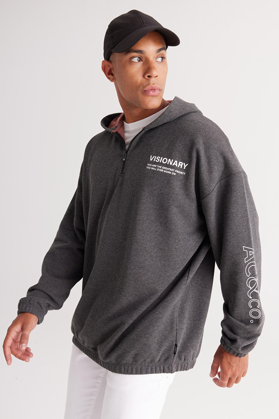 Erkek Antrasit-melanj Oversize Bol Kesim Içi Polarlı 3 Iplik Kapüşonlu Baskılı Sweatshirt