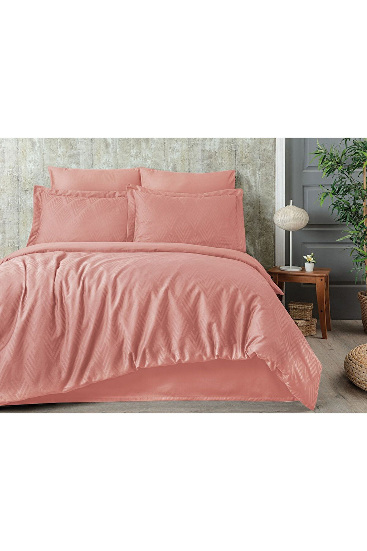 Sevim Tivoli %100 Pamuk Jakarlı & Saten Çift Kişilik Nevresim Takımı - Pudra Pembesi - 200x220 Cm