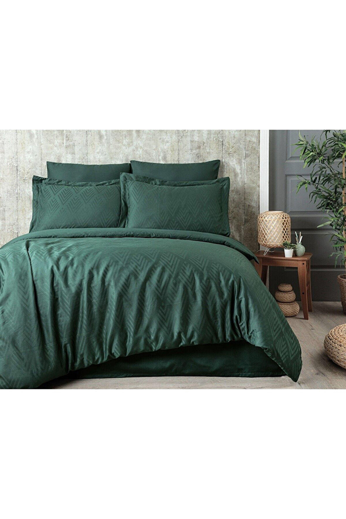 Sevim Tivoli %100 Pamuk Jakarlı & Saten Çift Kişilik Nevresim Takımı - Yeşil - 200x220 Cm