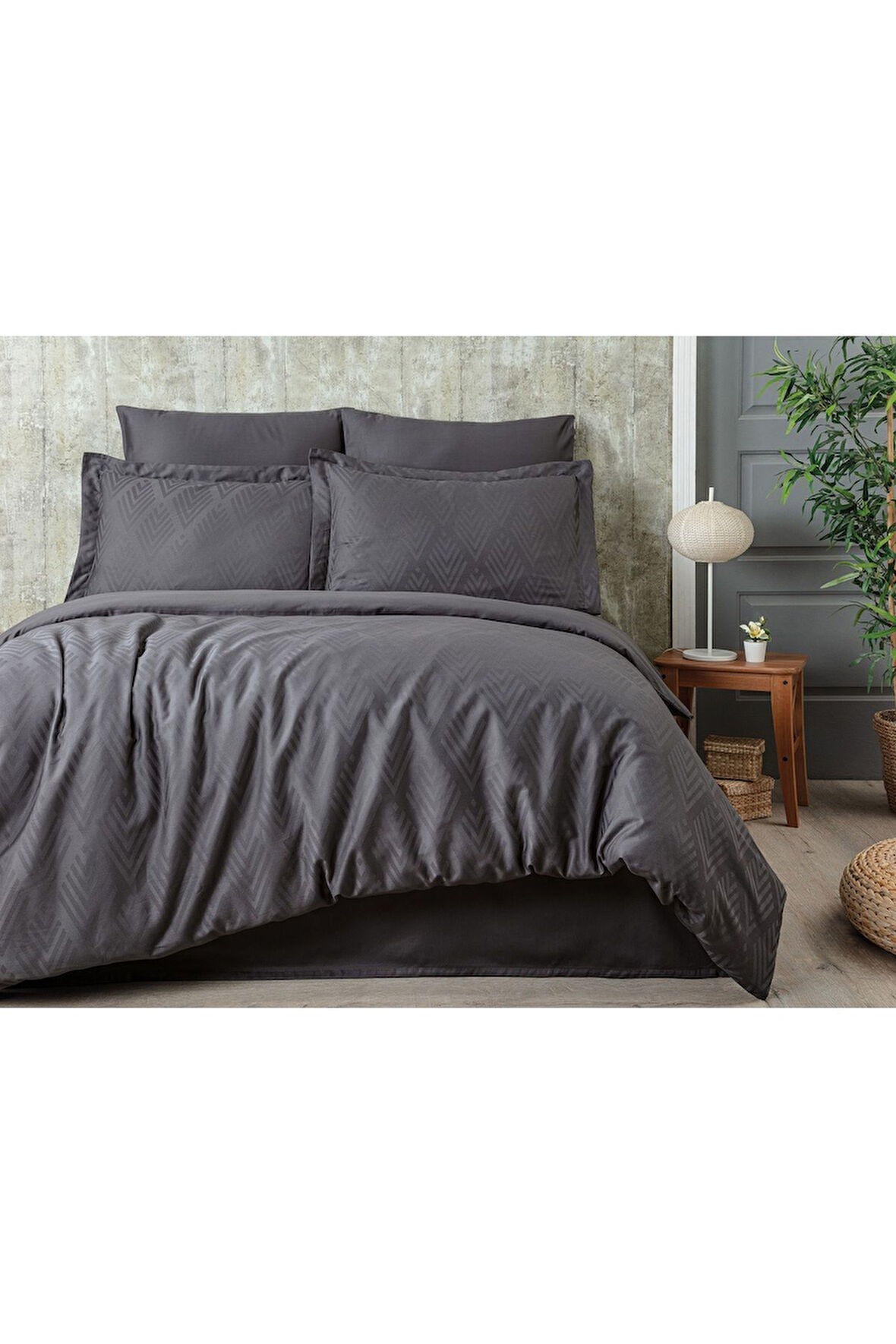 Sevim Tivoli %100 Pamuk Jakarlı & Saten Çift Kişilik Nevresim Takımı - Antrasit - 200x220 Cm