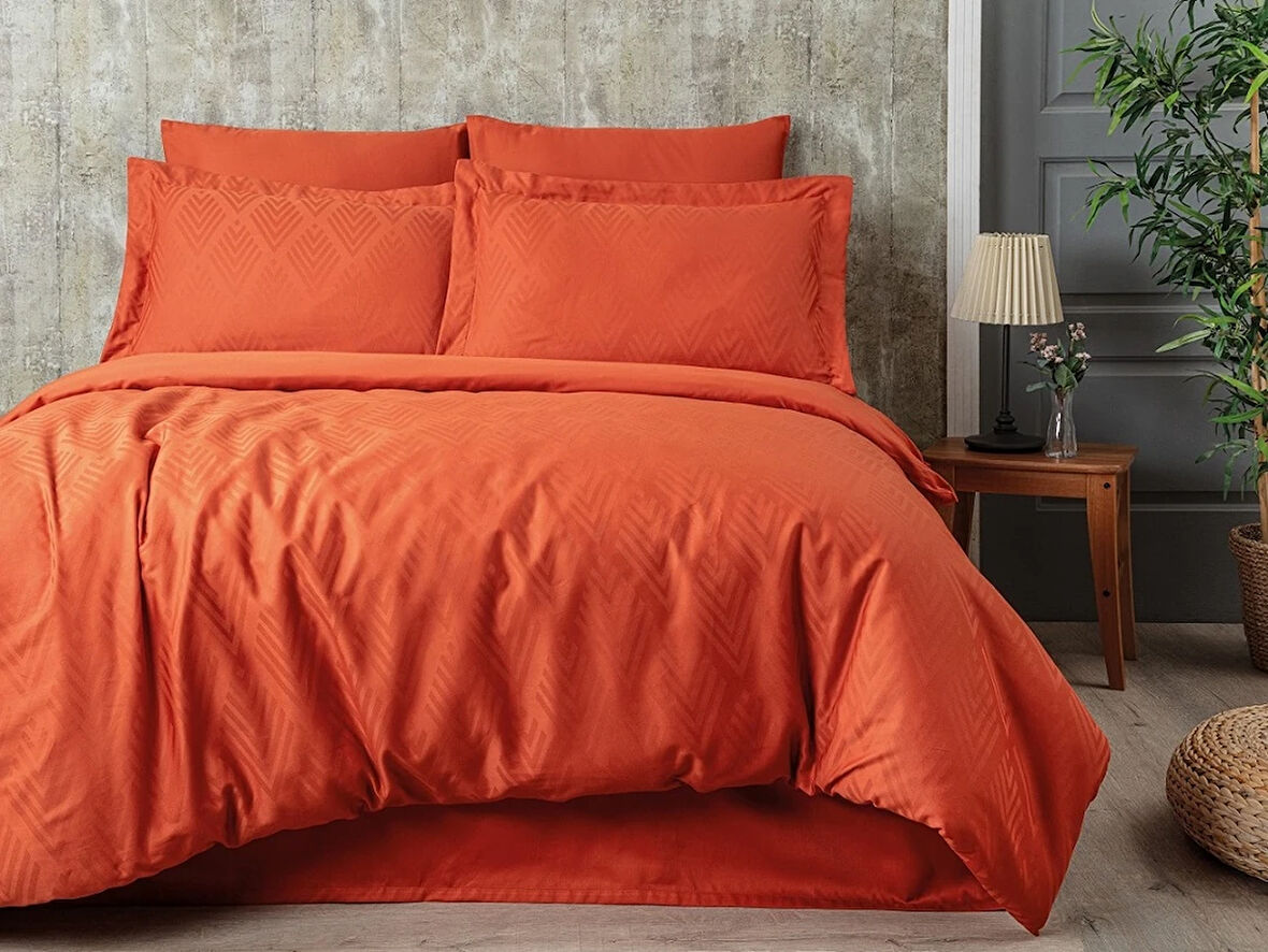 Sevim Tivoli %100 Pamuk Jakarlı & Saten Çift Kişilik Nevresim Takımı - Kiremit - 200x220 Cm