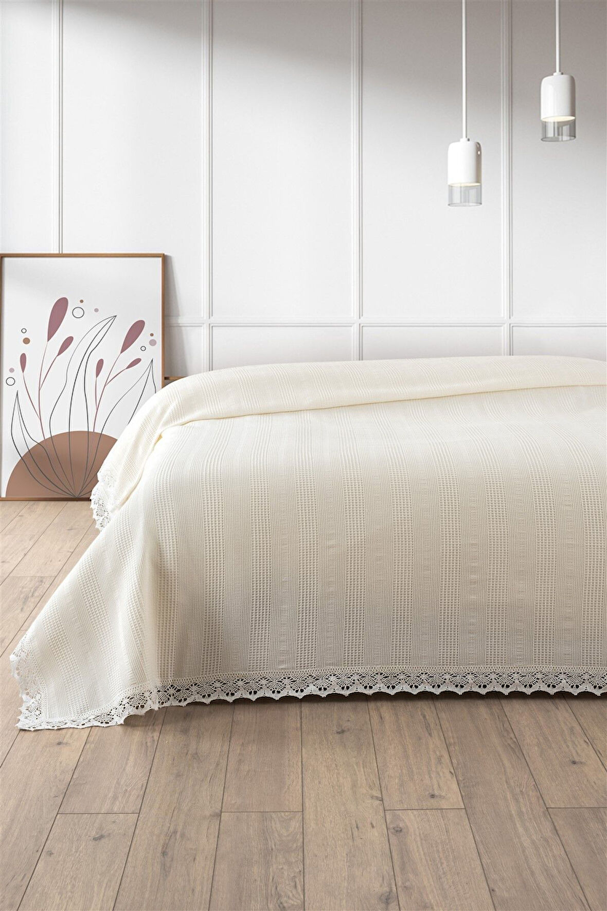 %100 Pamuk Çift Kişilik Kopanaki Dantelli Waffle Pike-210x230 cm-Krem