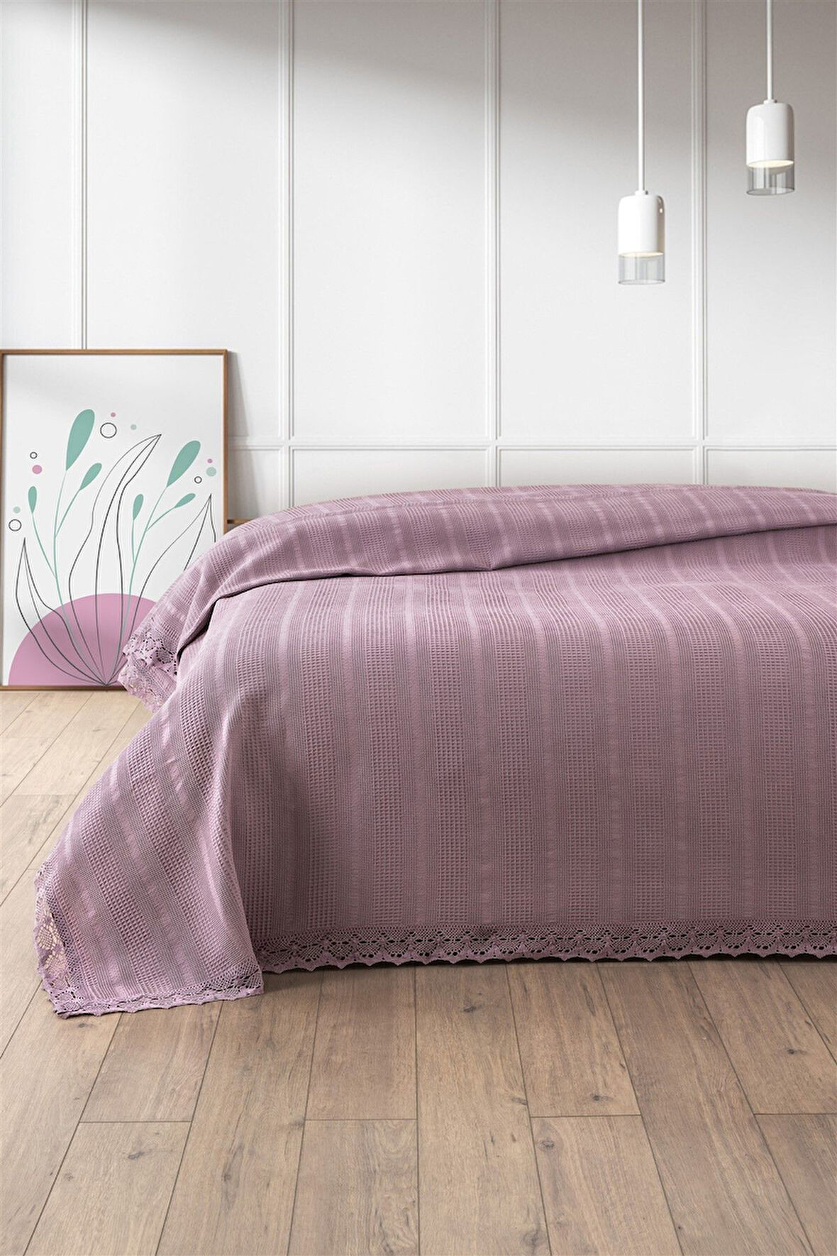 %100 Pamuk Çift Kişilik Kopanaki Dantelli Waffle Pike 210x230 cm-Lila