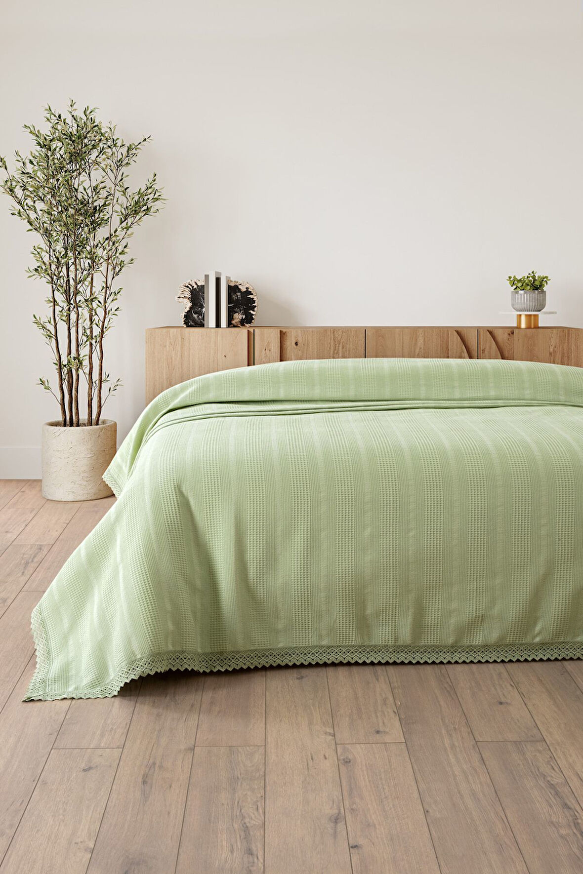 Kopanaki Dantelli Çift Kişilik Waffle Pike-210x230 cm-Fıstık Yeşili