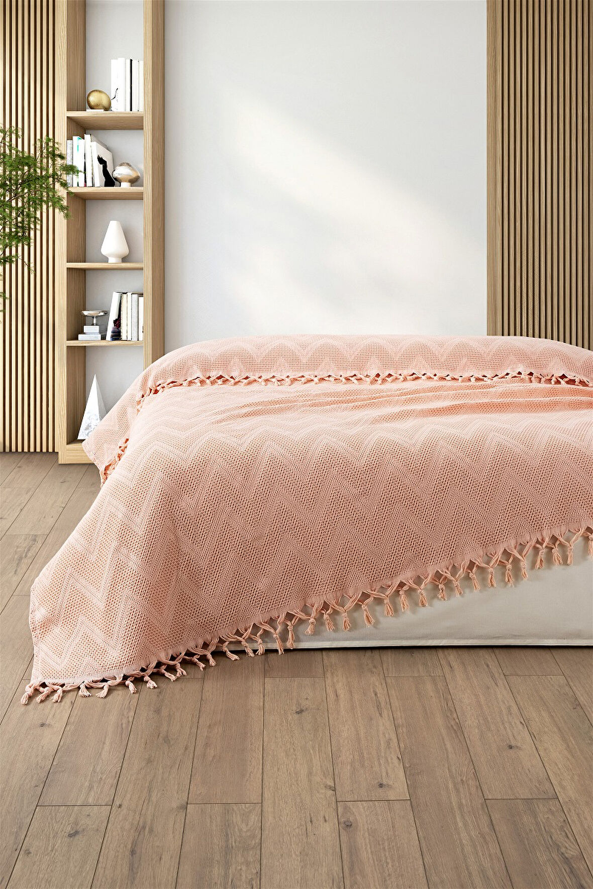%100 Pamuk Çift Kişilik Bağlama Saçaklı Pike-220x240 cm-Pudra